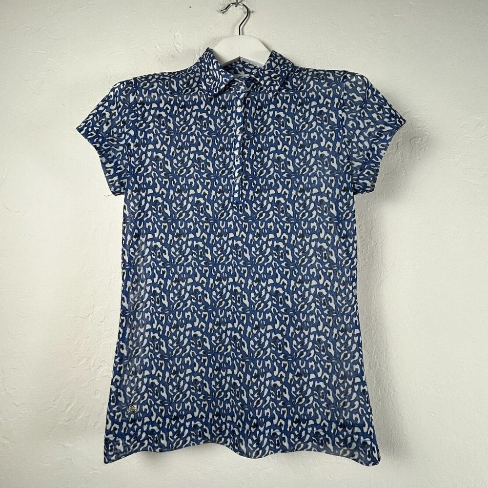 Daily Sports Women's Animal Print Collared Casual Short Sleeve Blouse Blue Large
